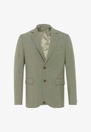 Gaiši zaļš bleizeris ar teksturētu apdari, vienas rindas dizains, divas priekšējās kabatas un satīna iekšējā odere. Iekļauti divi pogas.