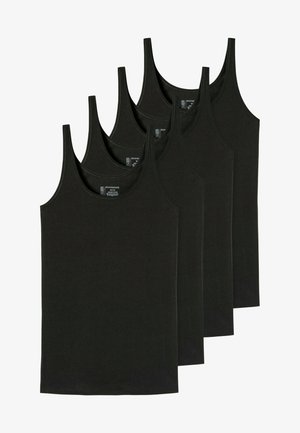 Des débardeurs en coton noir vendus par pack de cinq. Chacun a un col en forme de bateau et de larges bretelles, avec une texture lisse et un design minimaliste.