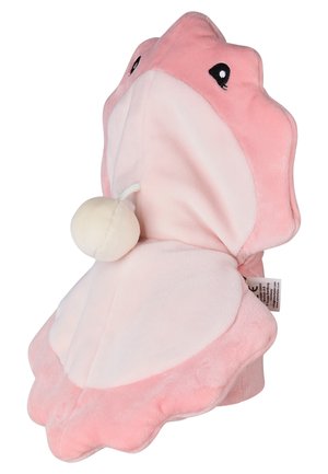 Pink and white soft plush puppet shaped like a clam shell with black eyes and a white ball attached inside.