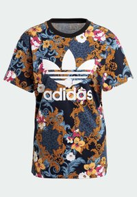Floral patterned short-sleeve t-shirt in navy, featuring ornate designs in orange, pink, and blue. Prominent white Adidas logo on front.