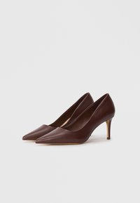Escarpins en cuir marron à bout pointu avec un talon fin, texture lisse et design minimaliste. Silhouette élégante sans motifs visibles.
