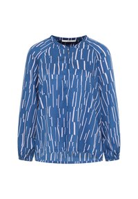 Blå langærmet skjorte med struktureret stof og et mønster af lyserøde lodrette striber. Har en rund halsudskæring og elastiske manchetter.