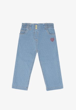 Hellblaue Kleinkind-Jeans mit kleinen weißen Punkten, goldener Doppelknopfverschluss, zwei Fronttaschen und einem roten Strass-Herz am rechten Bein.