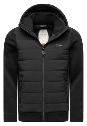 Schwarze isolierte Jacke mit Reißverschluss vorne, verstellbarem Kapuze, gestepptem Körper und gerippten Bündchen. Verfügt über Seitentaschen und ein Logo-Detail.