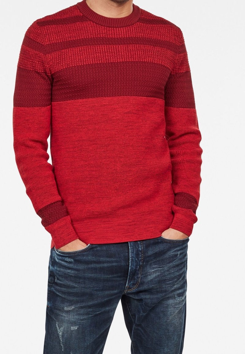 Maglione rosso lavorato a maglia con strisce orizzontali texturizzate in diverse tonalità di rosso, scollatura rotonda e maniche lunghe aderenti. Abbinato a jeans di denim.