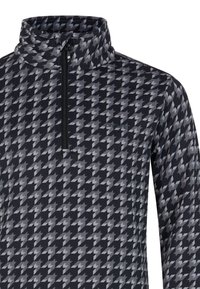 Pull en noir et gris avec un col haut, arborant un motif pied-de-poule, une fermeture éclair mi-haute et un logo en caoutchouc sur la poitrine.