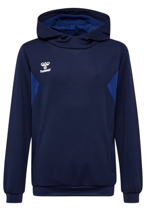 Marineblauwe hoodie met textuurstof, contrasterende blauwe zijpanelen en een wit logo op de borst. Heeft lange mouwen en een losse pasvorm.