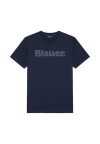 T-shirt a maniche corte blu navy con collo rotondo e la scritta "Blauer." stampata sul petto in una tonalità leggermente più scura.
