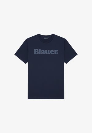 T-shirt bleu marine à manches courtes et col rond, avec l'inscription "Blauer." imprimée sur la poitrine dans une teinte légèrement plus foncée.