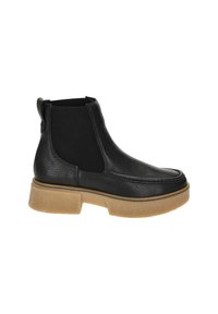 Botas de tobillo de cuero negro con paneles elásticos laterales, acabado texturizado y una suela de goma gruesa en color beige. Presenta detalles de costura.