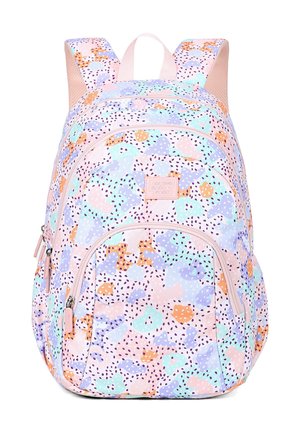 Zaino con macchie astratte in pastello rosa, blu, arancione e lavanda e macchiette nere, dotato di più scomparti con cerniera e spallacci imbottiti.