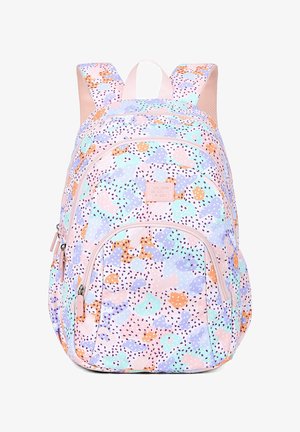 Rugzak met pastelkleurige roze, blauwe, oranje en lavendelkleurige abstracte vlekken en zwarte spikkels, voorzien van meerdere met rits afgesloten vakken en gewatteerde bandjes.