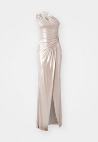 Asymmetriska klänning med en axel i metallisk blush-tyg, med draperingsdetalj, en högt skuren slits vid låret och en elegant silhuett.