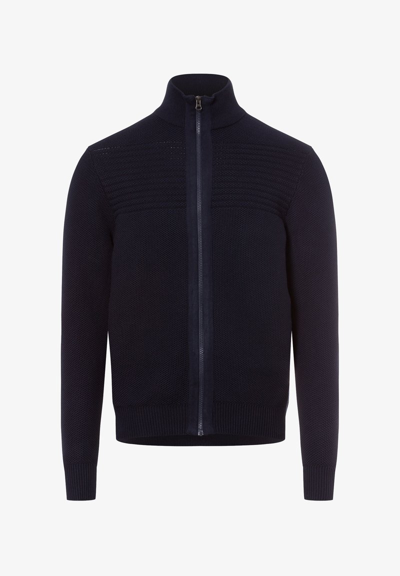 Maglione aderente blu navy con zip, colletto alto, parte superiore tessurizzata e polsini e orlo a costine. Presenta una cerniera frontale e motivi distintivi.