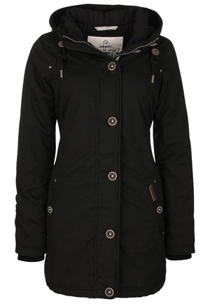 Manteau d'hiver noir à capuche avec boutons sur le devant, fermeture éclair, capuche à cordon et poches latérales avec détails de boutons.
