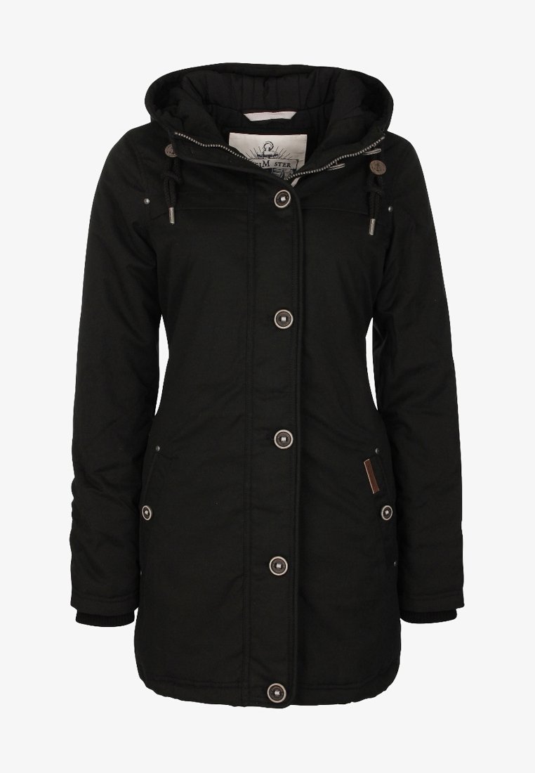 Manteau d'hiver noir à capuche avec boutons sur le devant, fermeture éclair, capuche à cordon et poches latérales avec détails de boutons.