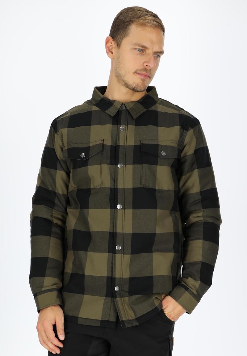 Green and black plaid shirt with a button-down collar, two front pockets, and silver snap buttons. Features a straight fit and long sleeves.