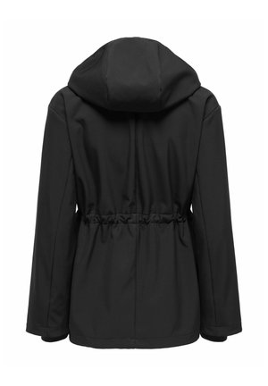 Chaqueta negra con capucha, cintura ceñida y mangas largas. Tela lisa y mate con costuras mínimas y sin hardware visible.