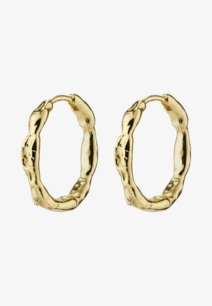 Gold hoop earrings with a textured, twisted design. They feature a smooth surface and a secure latch for closure.