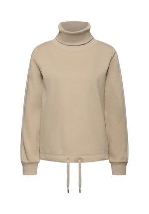 Felpa beige a maniche lunghe con collo a lupetto, chiusura con cordino sul bordo e polsini a costine, su uno sfondo bianco.