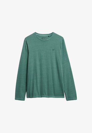 Langermige, ronde hals shirt in gedempt groen, gemaakt van zachte stof met een subtiele textuur en een klein logo-accent op de borst.