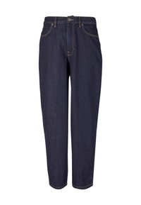 Tummansiniset farkut suoralla leikkauksella, joissa on viisi taskua, nappi- ja vetoketjukiinnitys sekä kontrastiväriset keltaiset saumat.