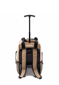 Trasportino per animali in nylon beige e nero, dotato di manico retrattile, tasche laterali in rete e spallacci imbottiti. Forma compatta e quadrata.