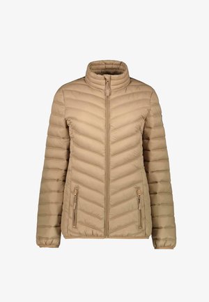 Lichtbruine doorgestikte jas met hoge kraag, voorsluiting met rits, twee zijzakken met rits en horizontale en chevronstiksels.