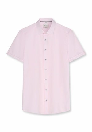 Chemise rose clair à manches courtes avec col classique et sept boutons sur le devant, présentée à plat sur fond blanc.