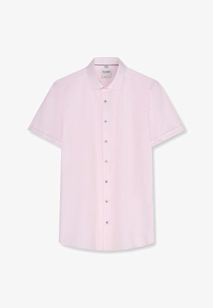 Hellrosa kurzärmeliges Hemd mit Knöpfen, klassischem Kragen und sieben Knöpfen vorne, flach auf weißem Hintergrund dargestellt.