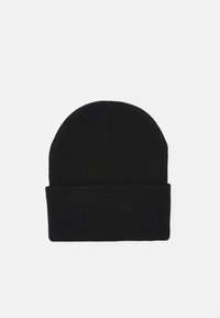 Bonnet en tricot noir avec un revers, un sommet en forme ovale et une texture fine. Design minimaliste, sans embellissement et couleur uniforme.