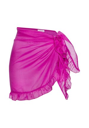 Bright pink sheer wrap skirt with ruffled edges tied in a bow on the right side, featuring a Lascana brand label at the waist.