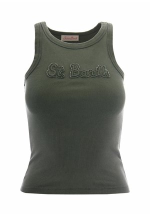Camiseta sin mangas acanalada en verde oliva con "St Barth" bordado en el pecho en hilo a juego, estilo ajustado.