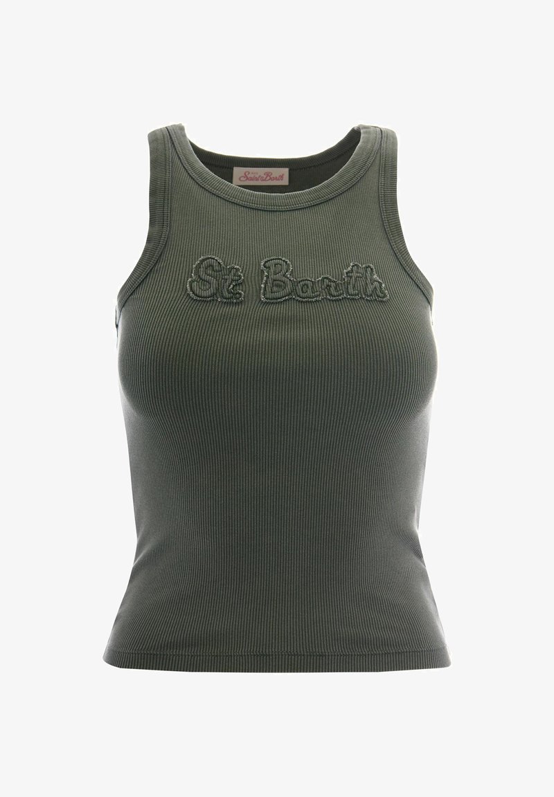Camiseta sin mangas acanalada en verde oliva con "St Barth" bordado en el pecho en hilo a juego, estilo ajustado.
