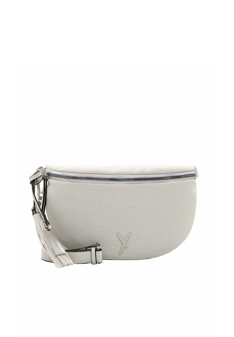 Borsa crossbody perforata bianca con cerniera, tracolla regolabile e nappa decorativa. Texture liscia con un sottile dettaglio logo in rilievo.