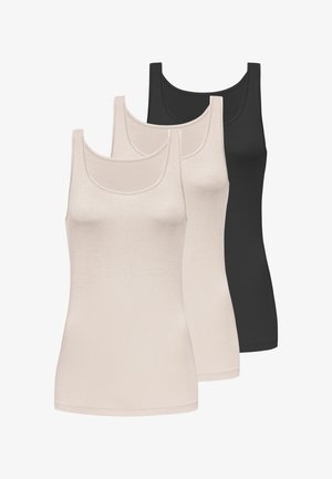 Tre ærmeløse toppe, to i beige og en i sort, lagdelt vist mod en hvid baggrund.