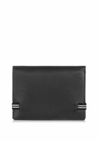 Czarny skórzany portfel o gładkiej fakturze, charakteryzujący się minimalistycznym wzornictwem i dwoma paskowymi akcentami po obu stronach.