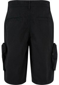 Shorts cargo noirs en coton, avec plusieurs poches avant et une poche latérale zippée pour plus de fonctionnalité.