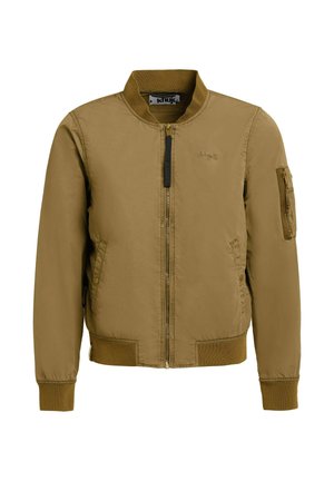 Chaqueta bomber marrón con cremallera frontal, cuello, puños y ribete acanalados, bolsillos laterales y bolsillo con cremallera en la manga izquierda.