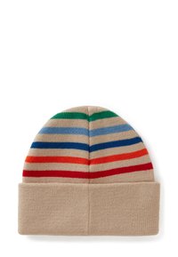 Pletená čepice v béžové barvě s vícebarevnými vodorovnými pruhy (červená, modrá, zelená, oranžová). Má ohrnutý lem a jemnou texturu.