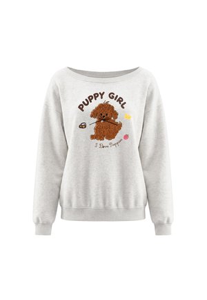 Lysegrå sweatshirt med en brun, fluffy hvalp, der holder i en snor og tekst, der siger "Puppy Girl" og "I Love Puppies."