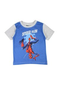 T-shirt en coton avec des manches courtes grises, corps bleu, et un motif imprimé de Spider-Man en rouge et bleu, présentant une pose d'action dynamique.