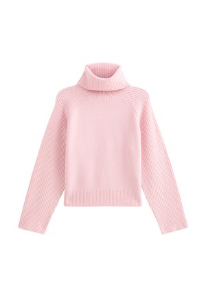 Jersey de cuello alto rosa con textura acanalada, que presenta mangas raglán y un diseño corto, hecho de un material de punto suave.