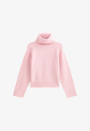 Maglione a collo alto rosa con una texture a coste, caratterizzato da maniche raglan e un design cropped, realizzato in un morbido materiale lavorato a maglia.