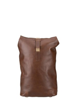 Brown leather roll-top backpack with a central tan strap and stitched accents on a white background.