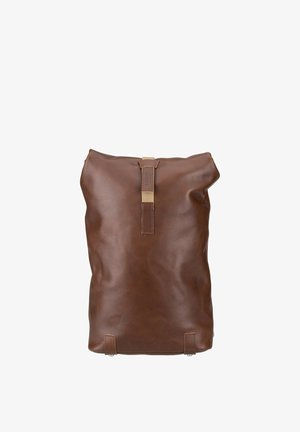 Brown leather roll-top backpack with a central tan strap and stitched accents on a white background.