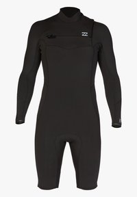 Traje de neopreno negro, con mangas largas, un bolsillo frontal con cremallera y costuras planas para mayor comodidad y flexibilidad.