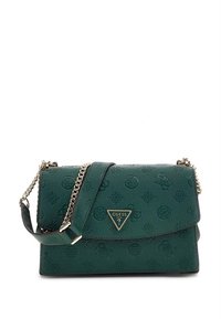 Green textured handbag with a triangular Guess logo, chain and leather strap, and embossed floral patterns across the surface.