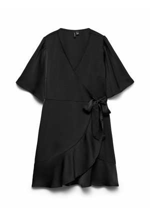 Black wrap dress with short flutter sleeves, made of lightweight fabric. Features a tie at the waist and a flared hemline.
