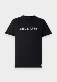 Black cotton t-shirt featuring a round neckline, short sleeves, and white "BELSTAFF" logo printed across the chest.